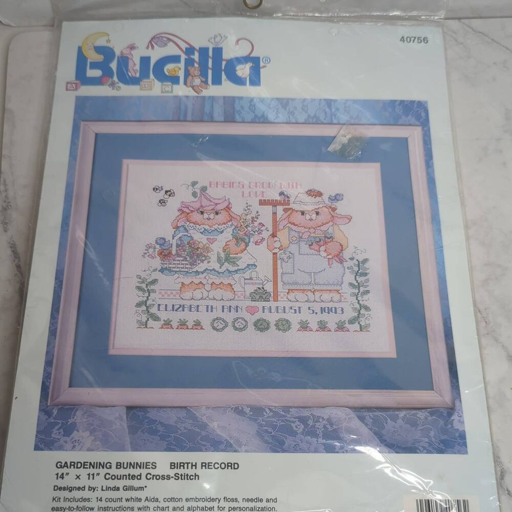 Vintage Bucilla country bunnies birth record crosstitch kit 14"x 11"